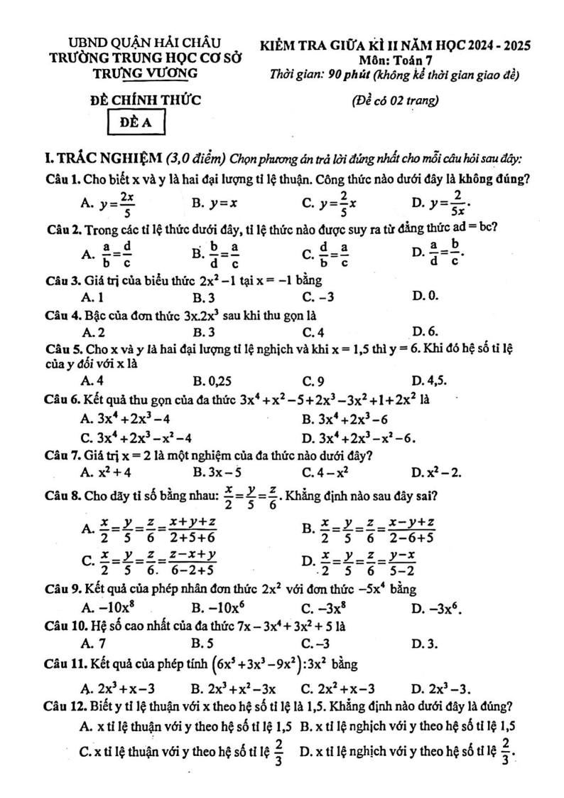Đề thi Giữa kì 2 Toán 7 trường THCS Trưng Vương (Đà Nẵng) năm 2024–2025