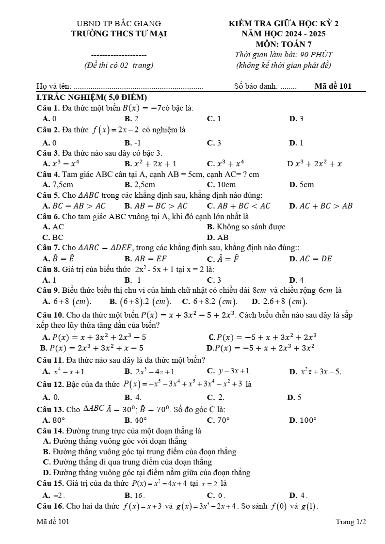Đề thi Giữa kì 2 Toán 7 trường THCS Tư Mại (Bắc Giang) năm 2024–2025