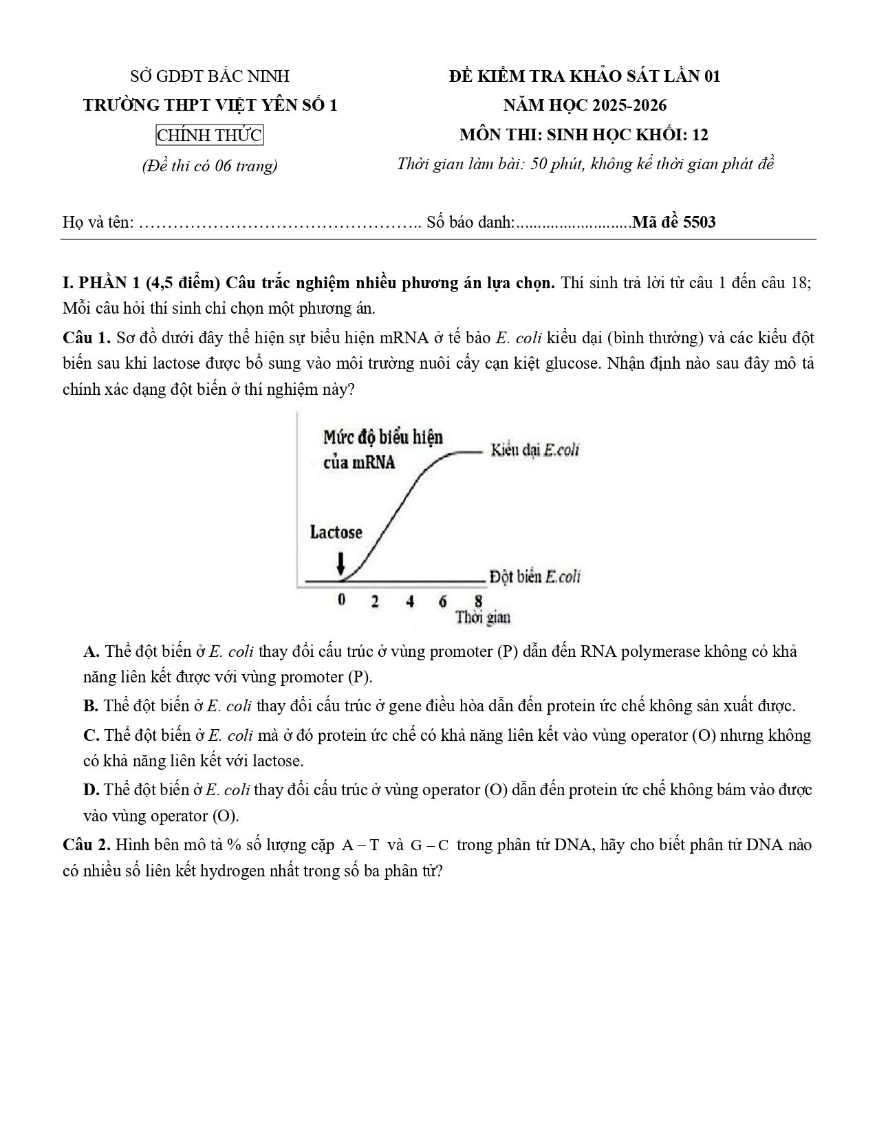 Đề thi thử Tốt nghiệp THPT Sinh học 2025 - 2026 trường THPT Việt Yên số 1 (Bắc Ninh)