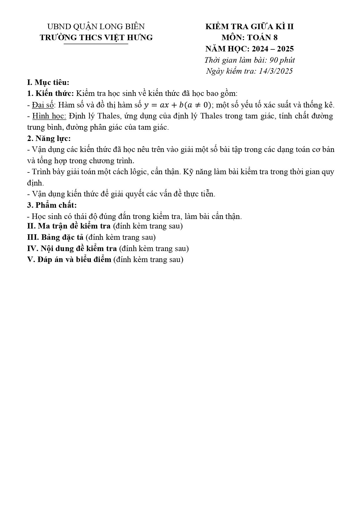Đề thi Giữa kì 2 Toán 8 trường THCS Việt Hưng (Hà Nội) năm 2024–2025