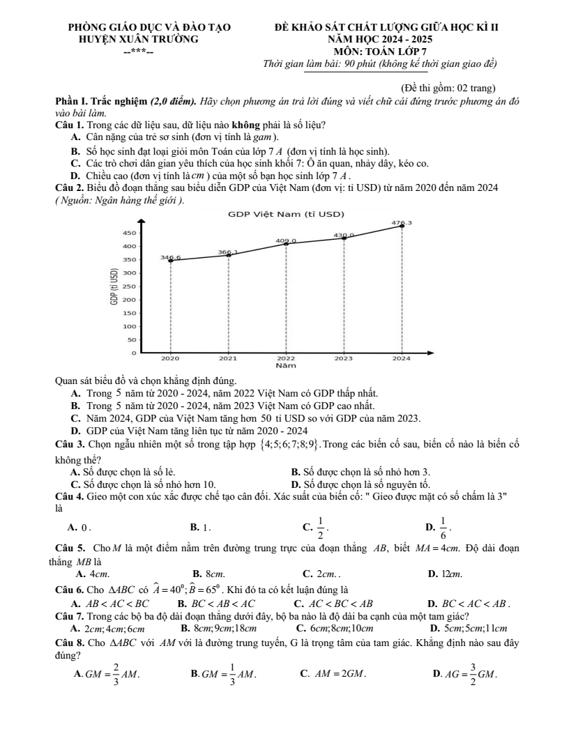 Đề thi Giữa kì 2 Toán 7 phòng GD&ĐT Xuân Trường (Nam Định) năm 2024–2025