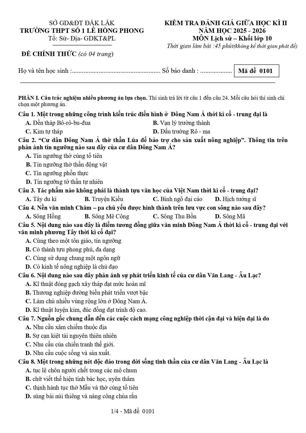 Đề thi Giữa kì 2 Lịch sử 10 năm 2025-2026 trường THPT Số 1 Lê Hồng Phong (Đắk Lắk)