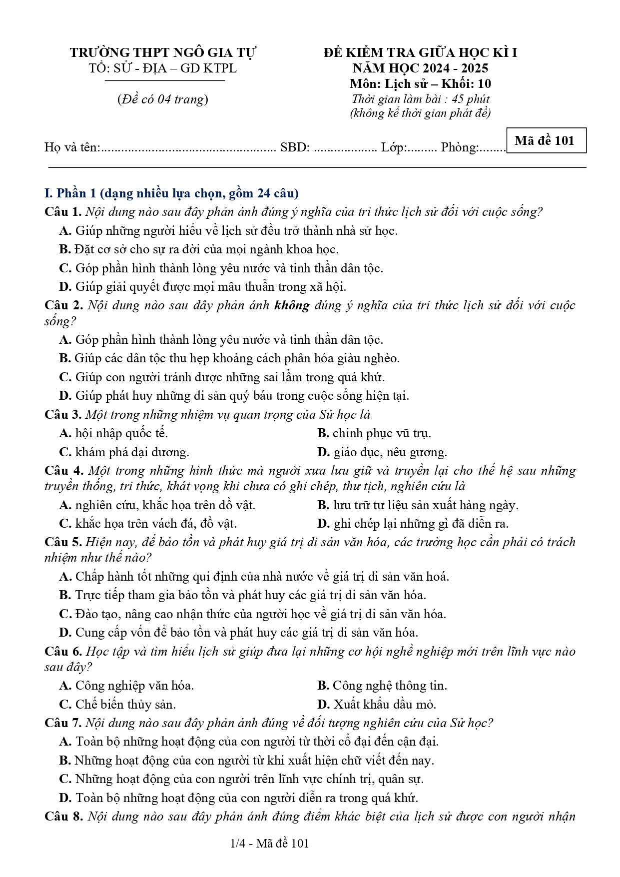 Đề thi Giữa kì 1 Lịch sử 10 năm 2024-2025 trường THPT Ngô Gia Tự (Đắk Lắk)
