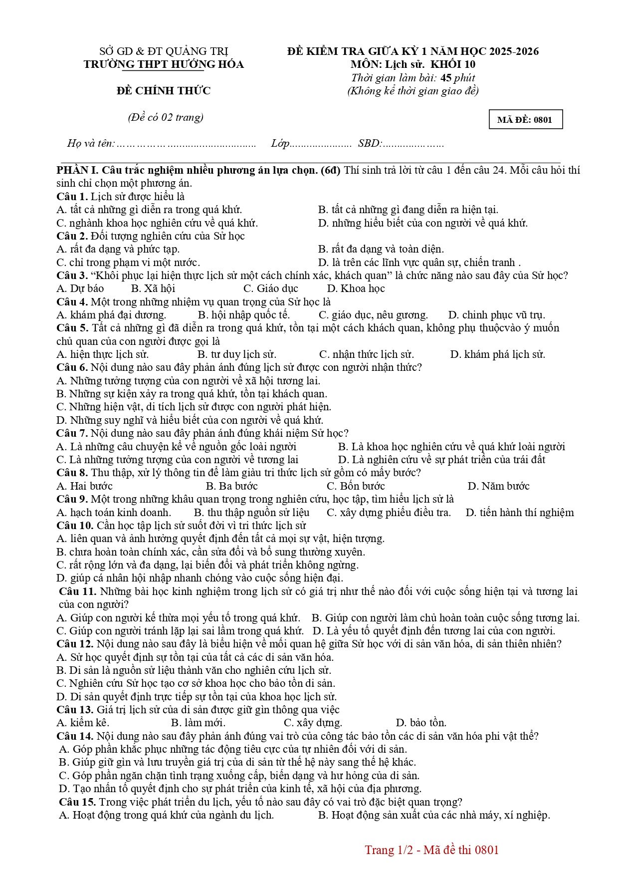 Đề thi Giữa kì 1 Lịch sử 10 năm 2025-2026 trường THPT Hướng Hoá (Quảng Trị)