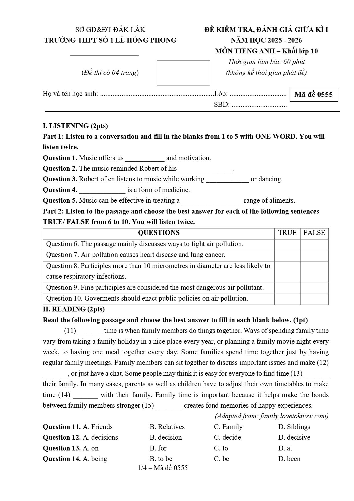 Đề thi Giữa kì 1 Tiếng Anh 10 năm 2025-2026 trường THPT Số 1 Lê Hồng Phong (Đắk Lắk)
