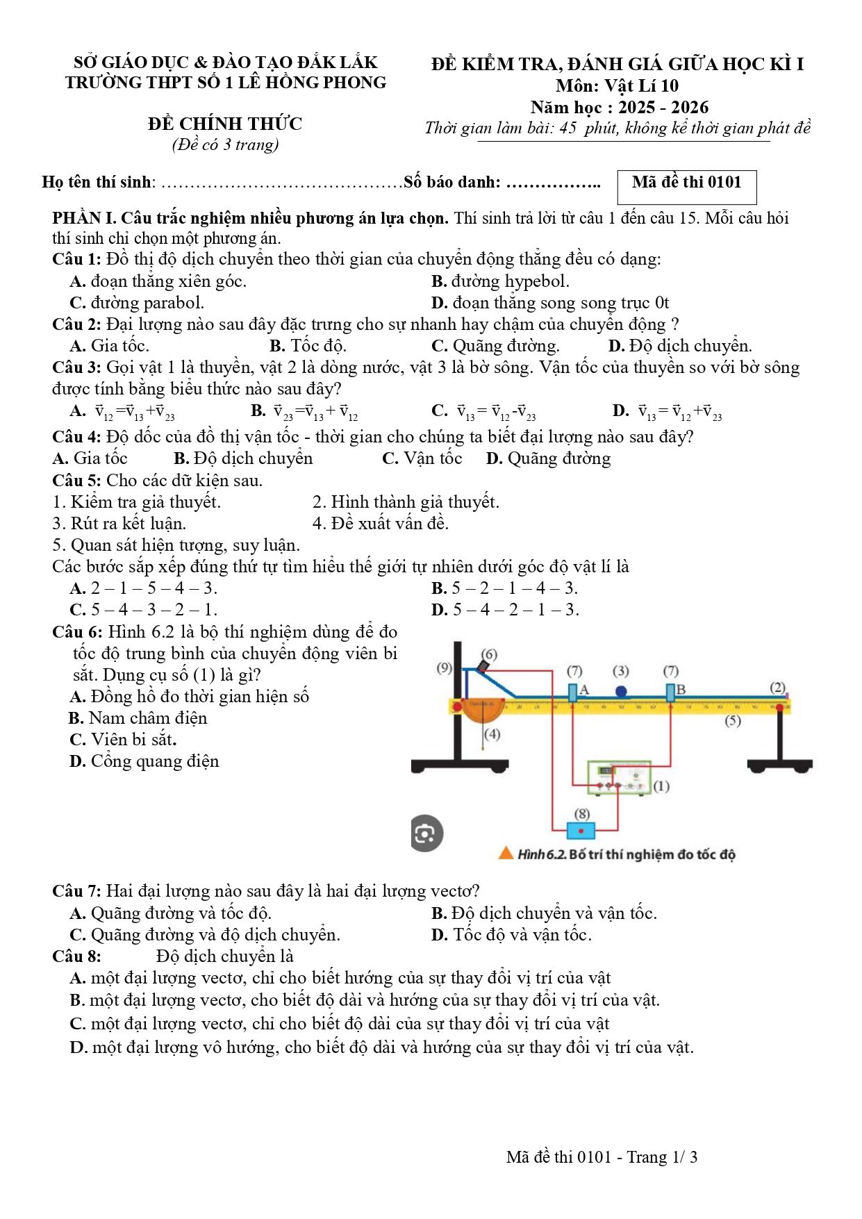Đề thi Giữa kì 1 Vật lí 10 năm 2025-2026 trường THPT Số 1 Lê Hồng Phong (Đắk Lắk)