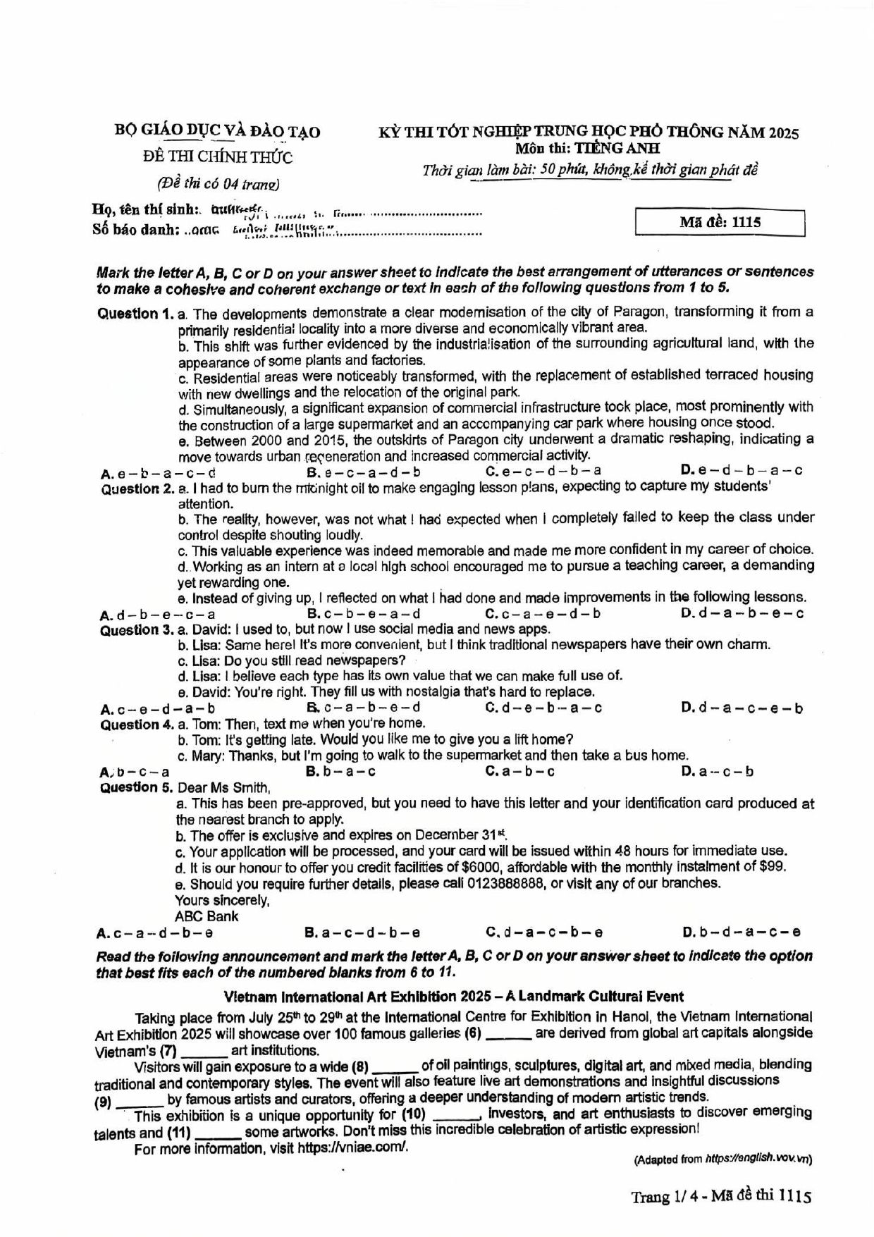 Đề chính thức Tiếng Anh năm 2025 Tốt nghiệp THPT (Mã đề 1115) (Có đáp án)