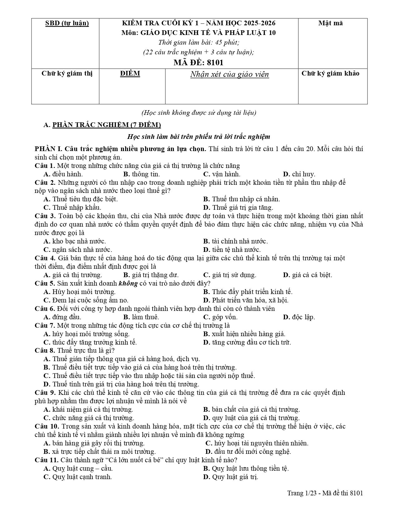Đề thi Học kì 1 KTPL 10 năm 2025 - 2026 trường THPT Lương Thế Vinh (TP Hồ Chí Minh)