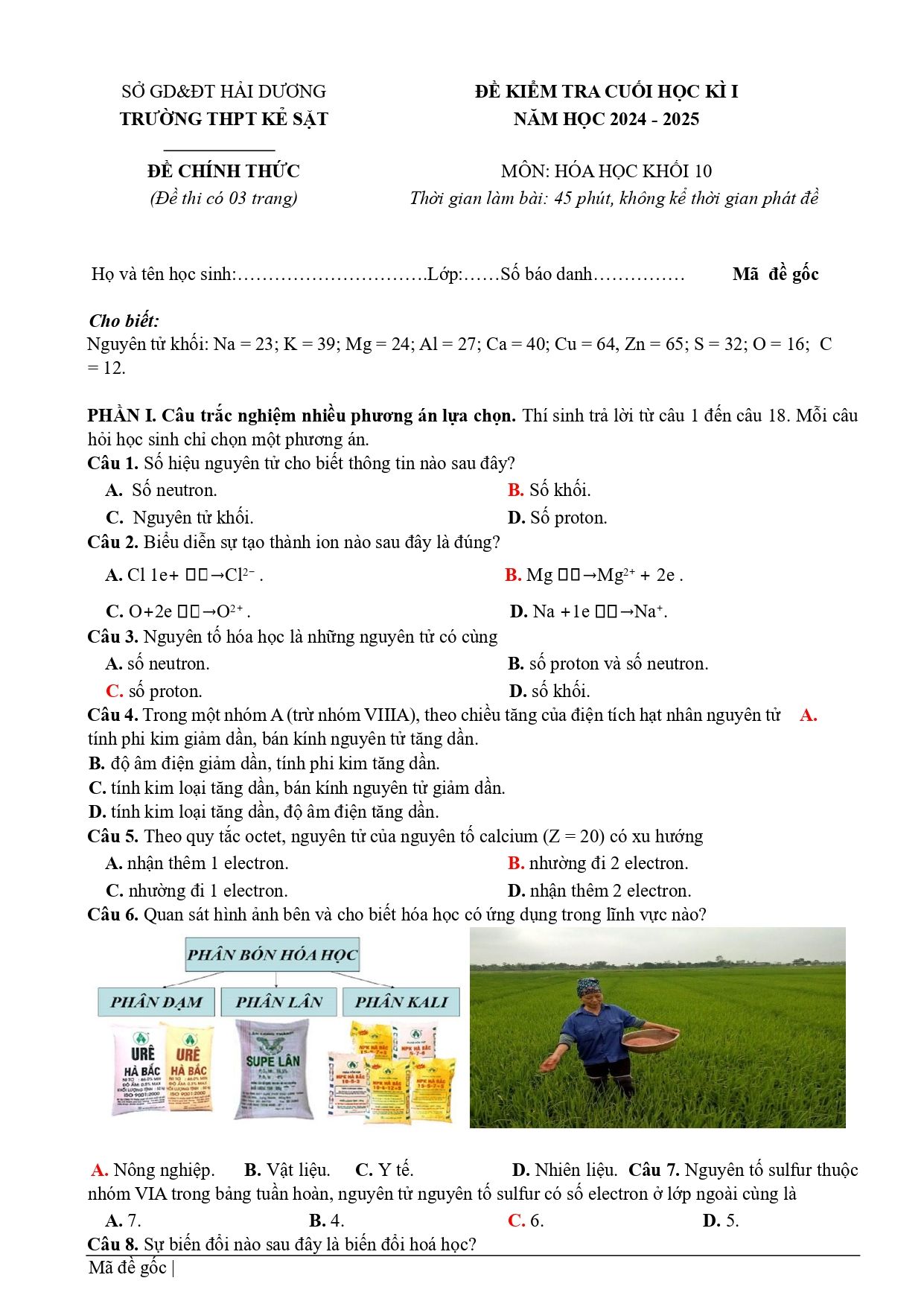 Đề thi Học kì 1 Hóa học 10 năm 2024 - 2025 trường THPT Kẻ Sặt (Hải Dương)