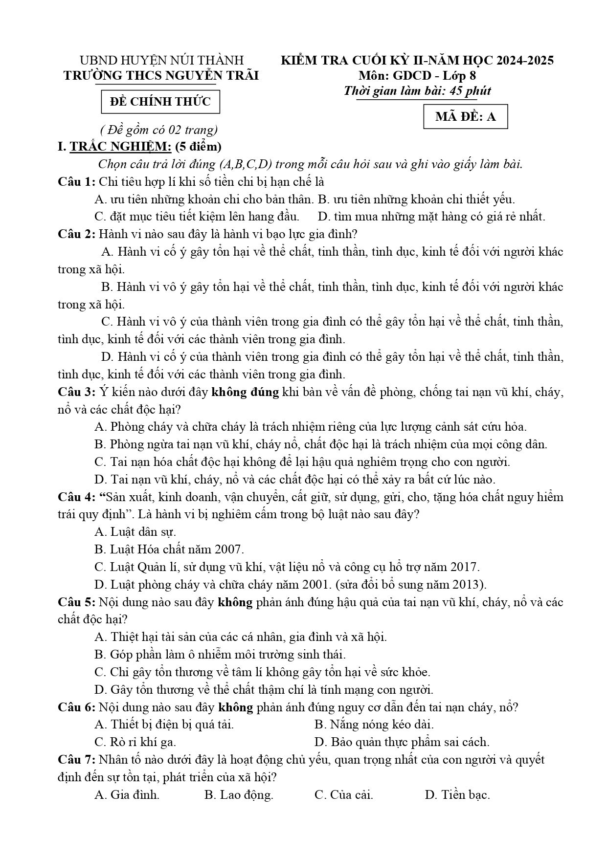 Đề thi Học kì 2 GDCD 8 năm 2024 - 2025 trường THCS Nguyễn Trãi (Quảng Nam)
