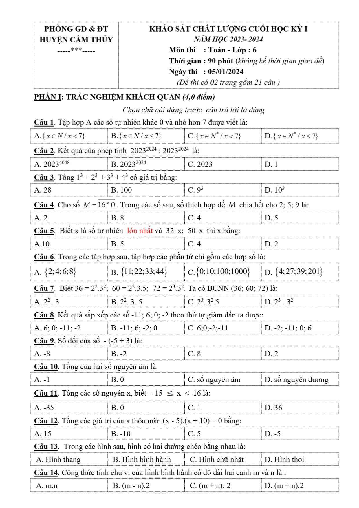 Đề thi Học kì 1 Toán 6 năm 2023 - 2024 Phòng GD&ĐT Cẩm Thủy (Thanh Hóa)
