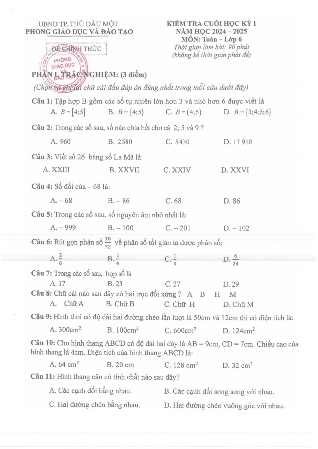 Đề thi Học kì 1 Toán 6 năm 2024 - 2025 phòng GD&ĐT Thủ Dầu Một (Bình Dương)
