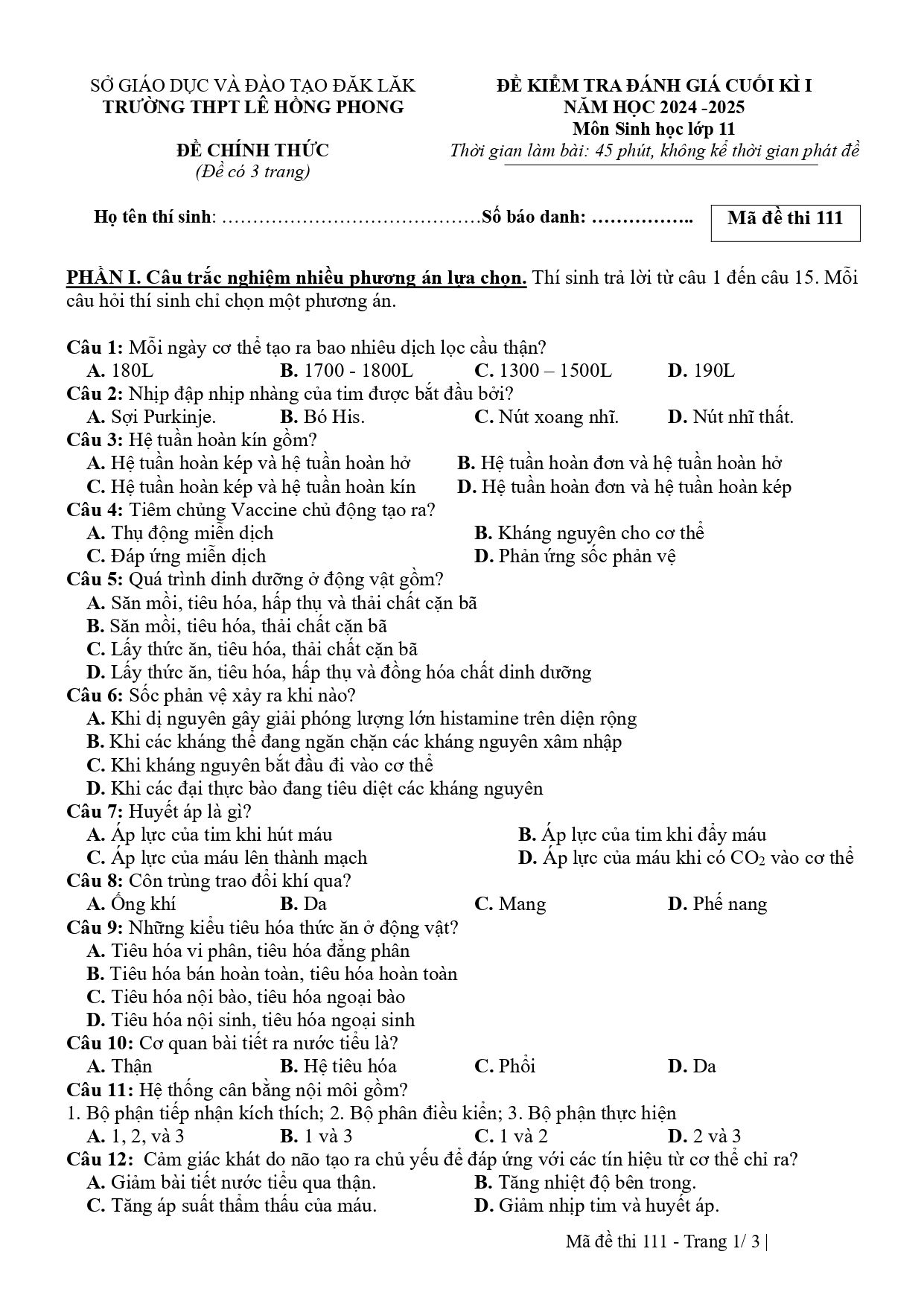 Đề thi Học kì 1 Sinh học 11 năm 2024-2025 trường THPT Lê Hồng Phong (Đắk Lắk)