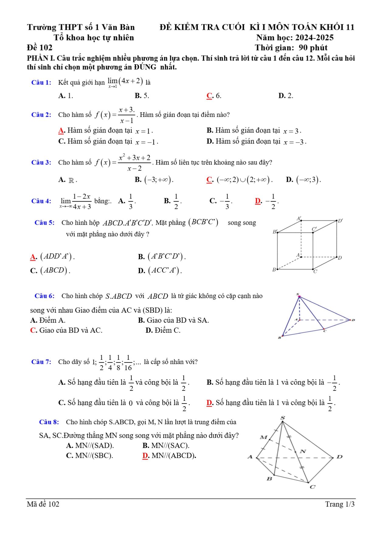 Đề thi Học kì 1 Toán 11 năm 2024 - 2025 trường THPT Văn Bàn 1 (Lào Cai)