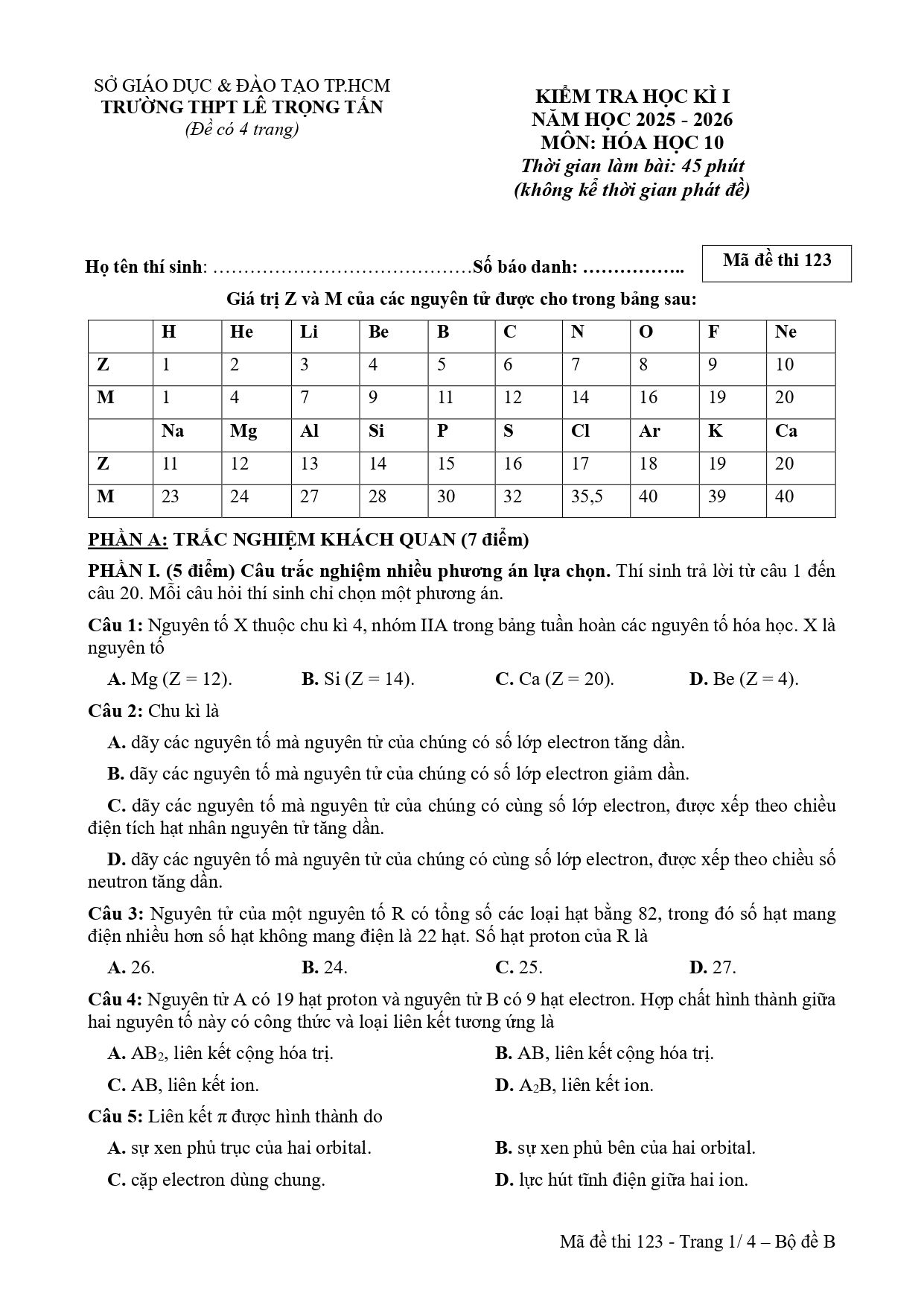 Đề thi Học kì 1 Hóa học 10 năm 2025 - 2026 trường THPT Lê Trọng Tấn (TP Hồ Chí Minh)