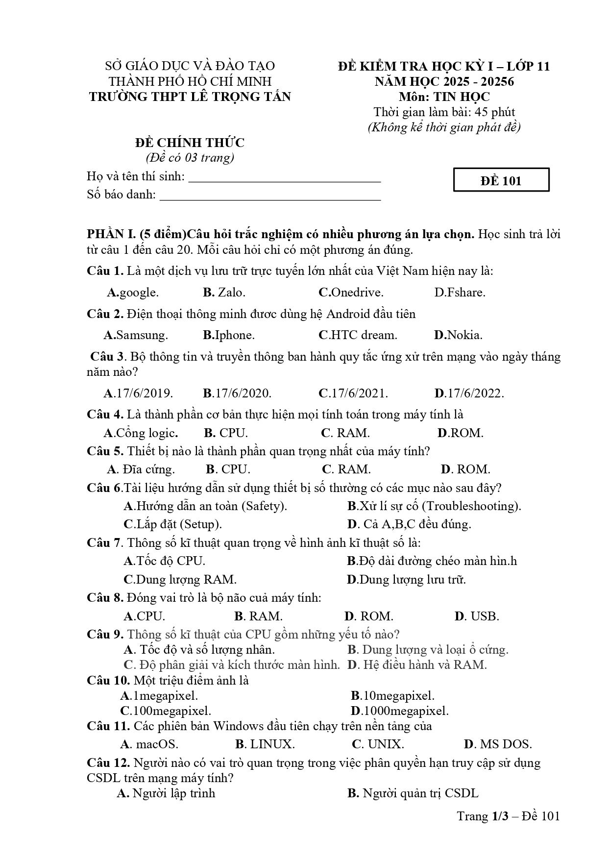 Đề thi Học kì 1 Tin học 11 năm 2025-2026 trường THPT Lê Trọng Tấn (TP Hồ Chí Minh)