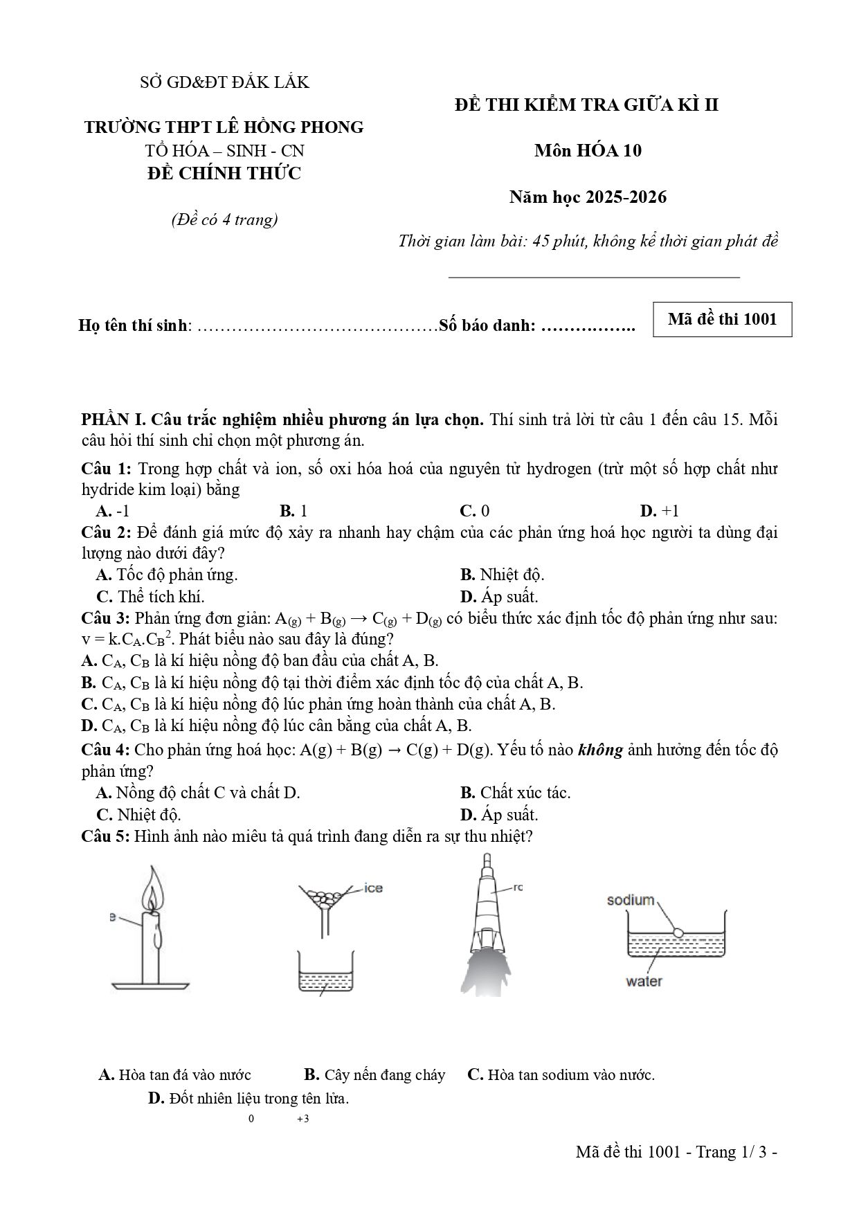 Đề thi Giữa kì 2 Hóa học 10 năm 2025 - 2026 trường THPT số 1 Lê Hồng Phong (Đắk Lắk)