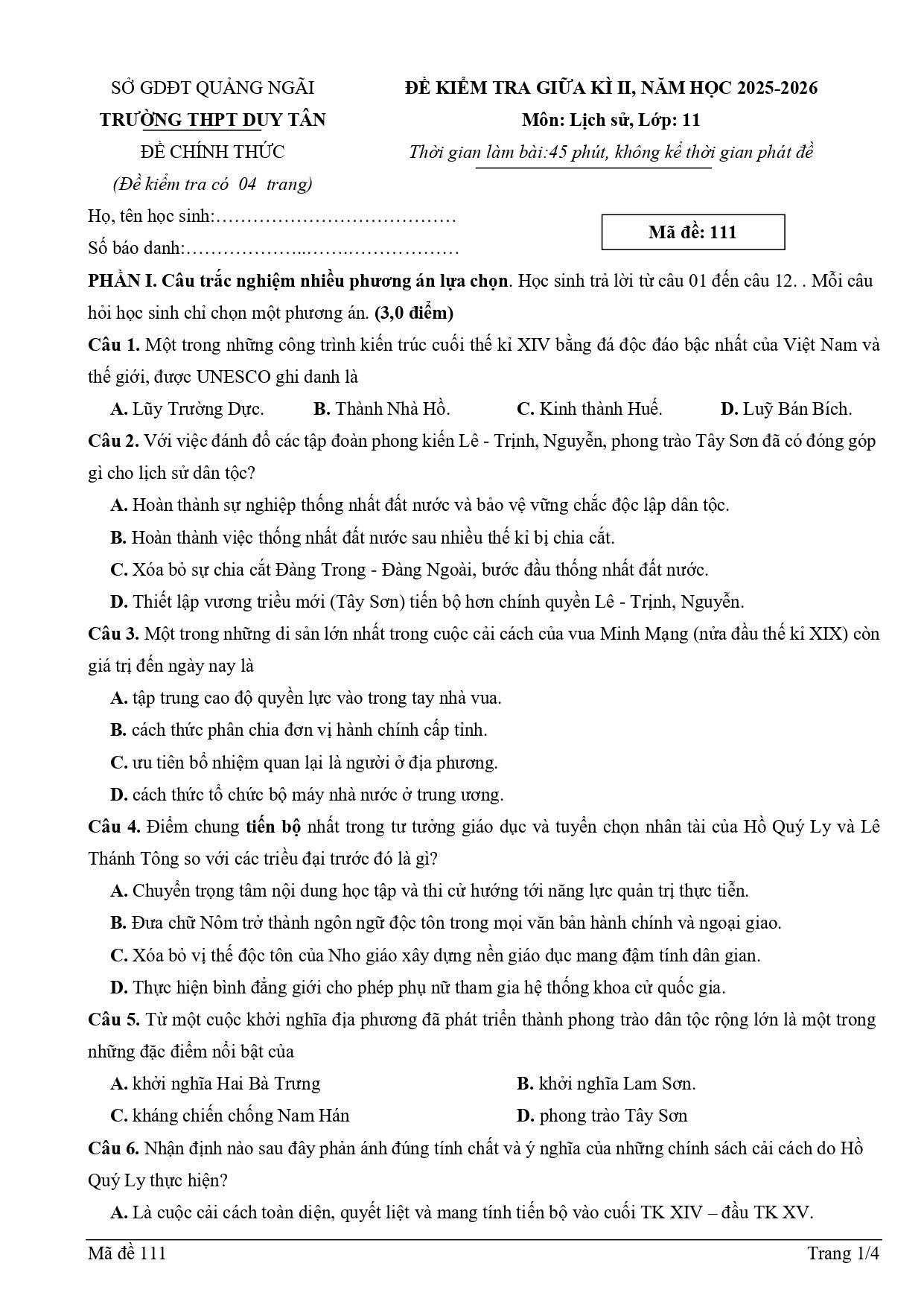 Đề thi Giữa kì 2 Lịch sử 11 năm 2025-2026 trường THPT Duy Tân (Quảng Ngã)