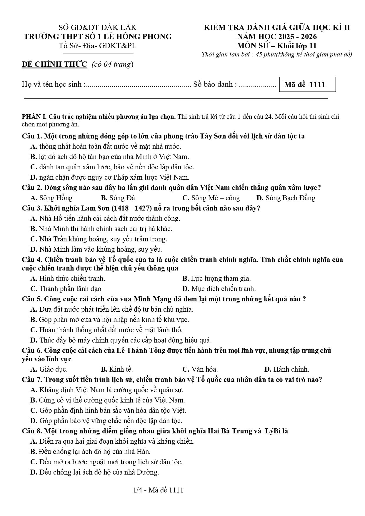 Đề thi Giữa kì 2 Lịch sử 11 năm 2025-2026 trường THPT số 1 Lê Hồng Phong (Đắk Lắk)