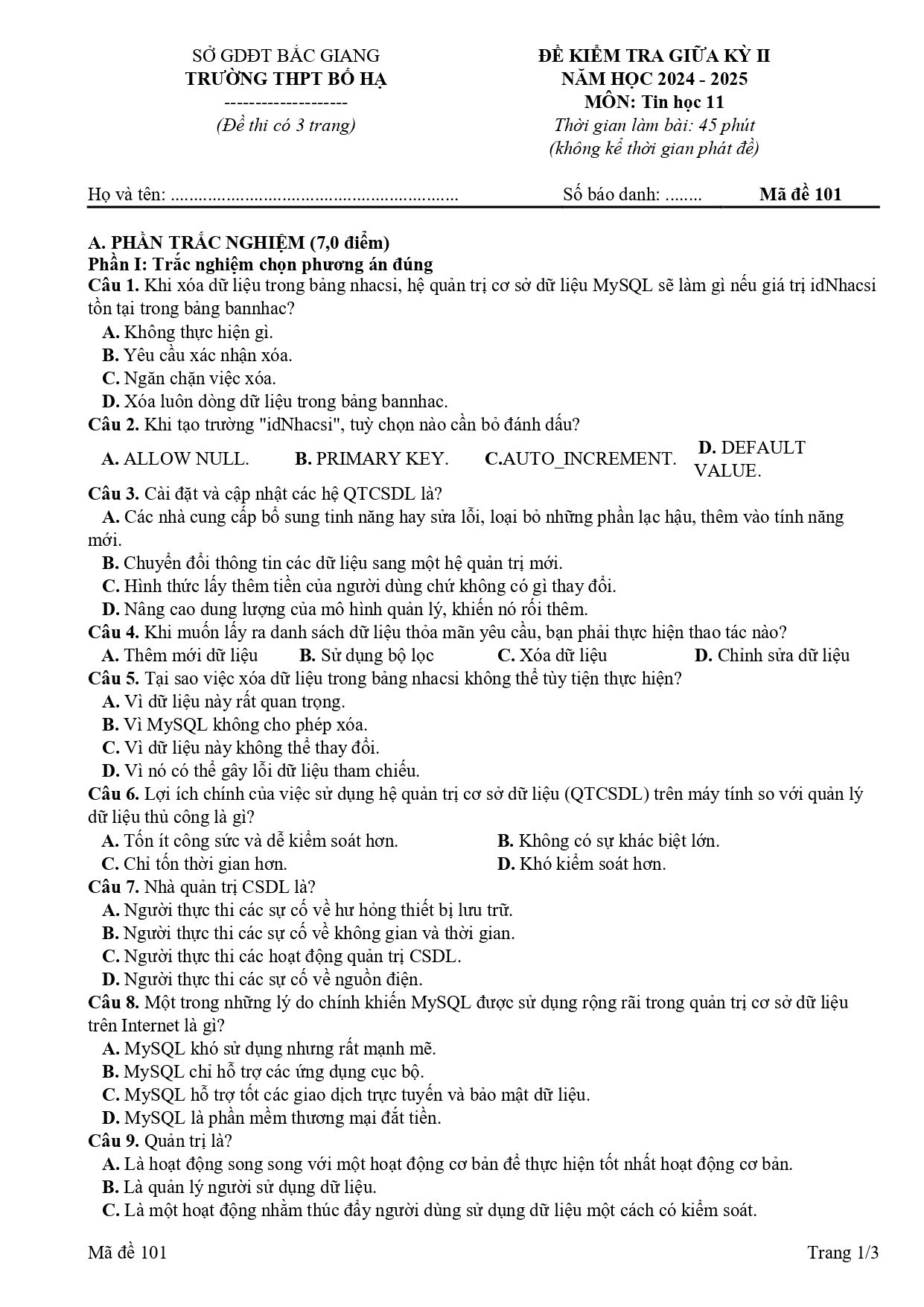 Đề thi Giữa kì 2 Tin học 11 năm 2024-2025 trường THPT Bố Hạ (Bắc Giang)