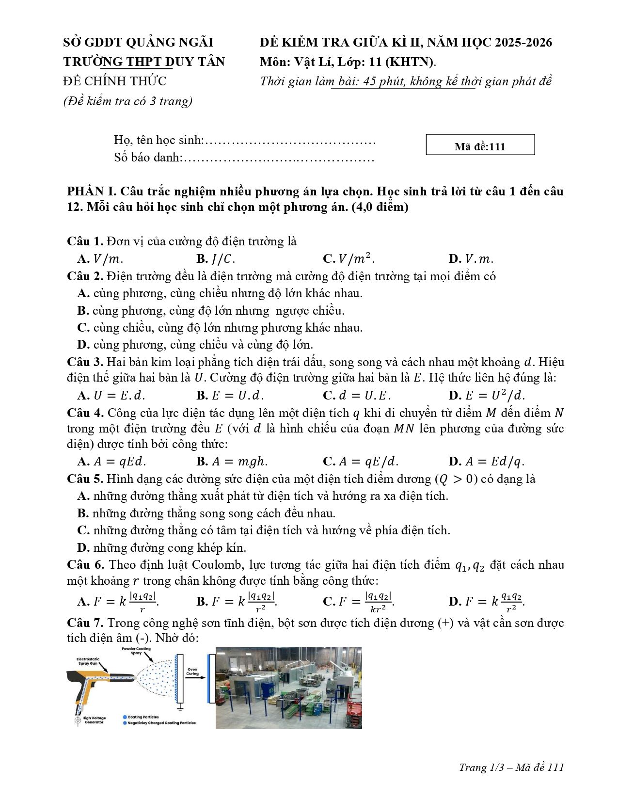Đề thi Giữa kì 2 Vật lí 11 năm 2025 - 2026 trường THPT Duy Tân (Quảng Ngãi)