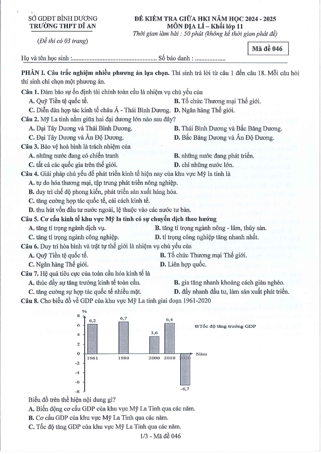 Đề thi Giữa kì 1 Địa lí 11 năm 2024-2025 trường THPT Dĩ An (Bình Dương)