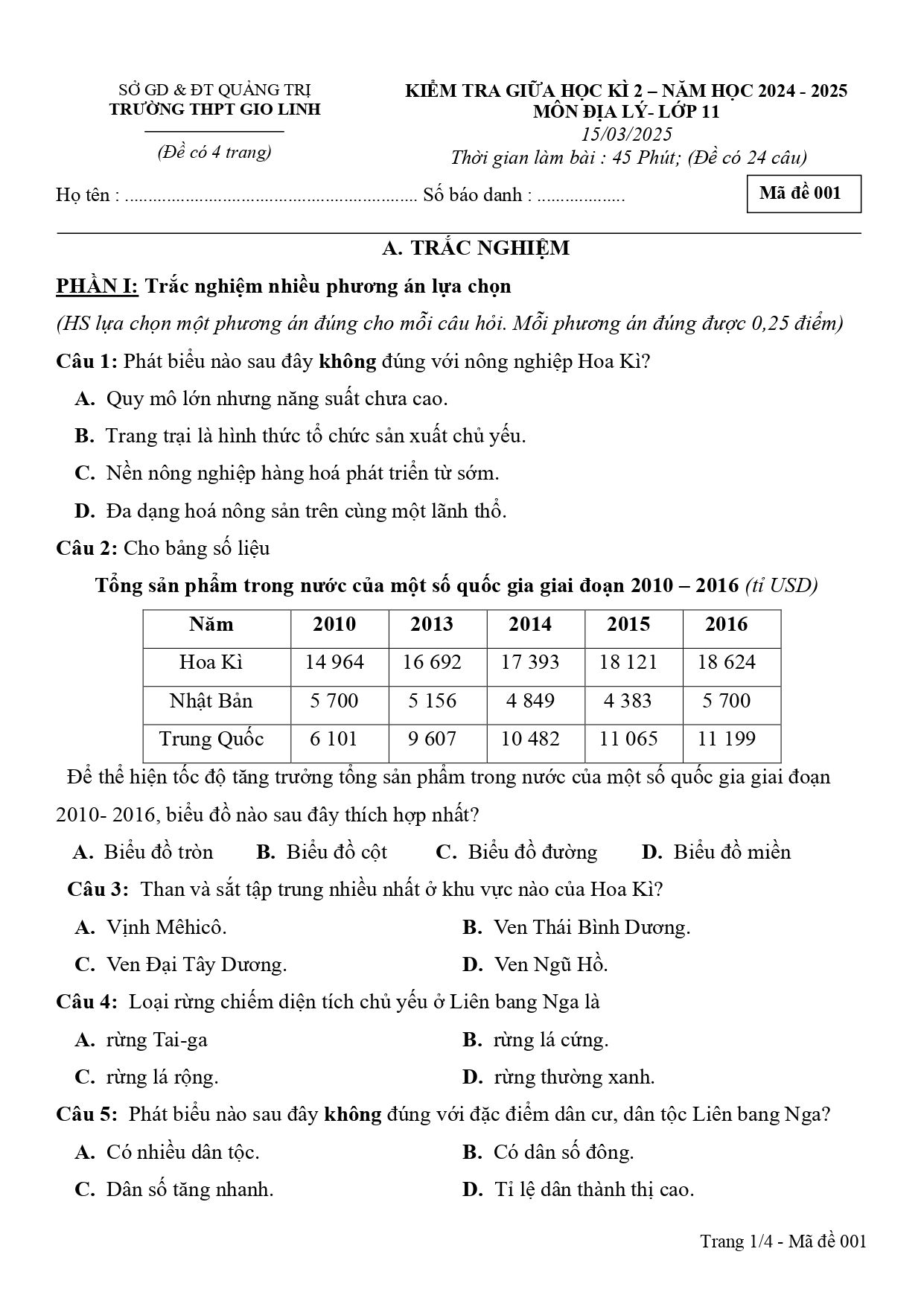 Đề thi Giữa kì 2 Địa lí 11 năm 2024-2025 trường THPT Gio Linh (Quảng Trị)
