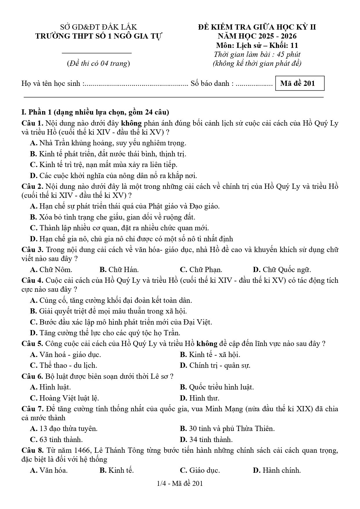 Đề thi Giữa kì 2 Lịch sử 11 năm 2025-2026 trường THPT số 1 Ngô Gia Tự (Đắk Lắk)