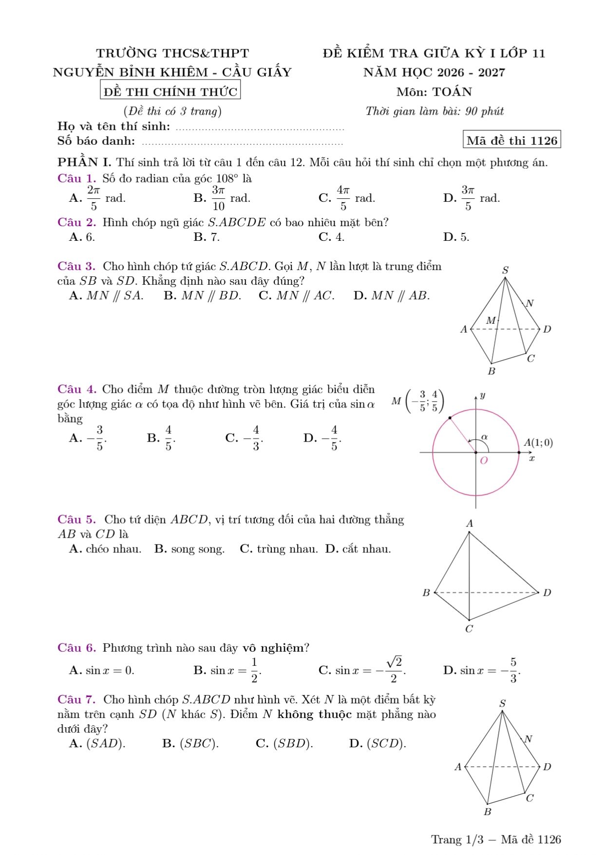Đề thi Giữa kì 1 Toán 11 năm 2026-2027 trường THCS&THPT Nguyễn Bỉnh Khiêm (Hà Nội)
