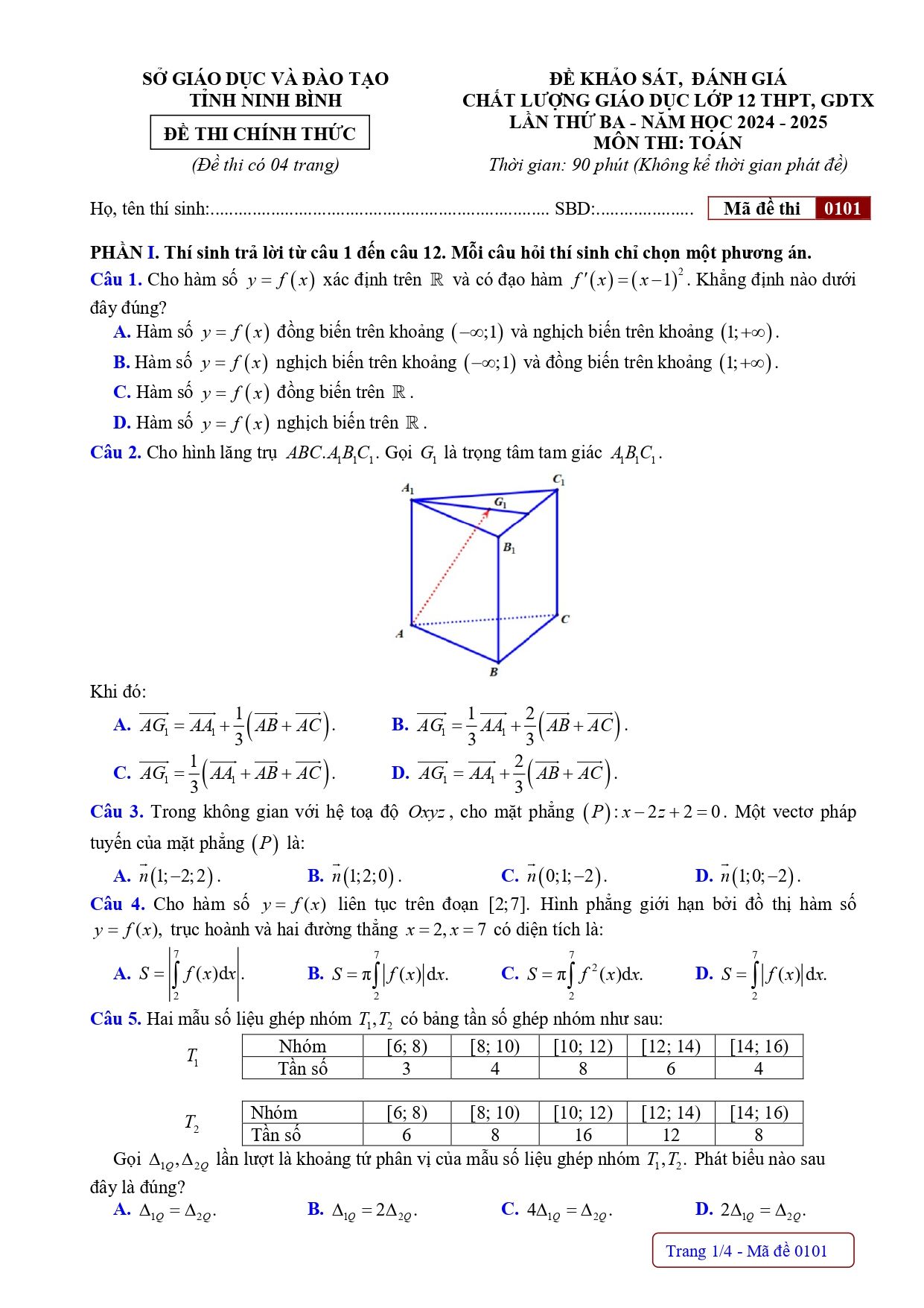 Đề Khảo sát chất lượng Toán 12 lần 3 năm 2024-2025 Sở Ninh Bình
