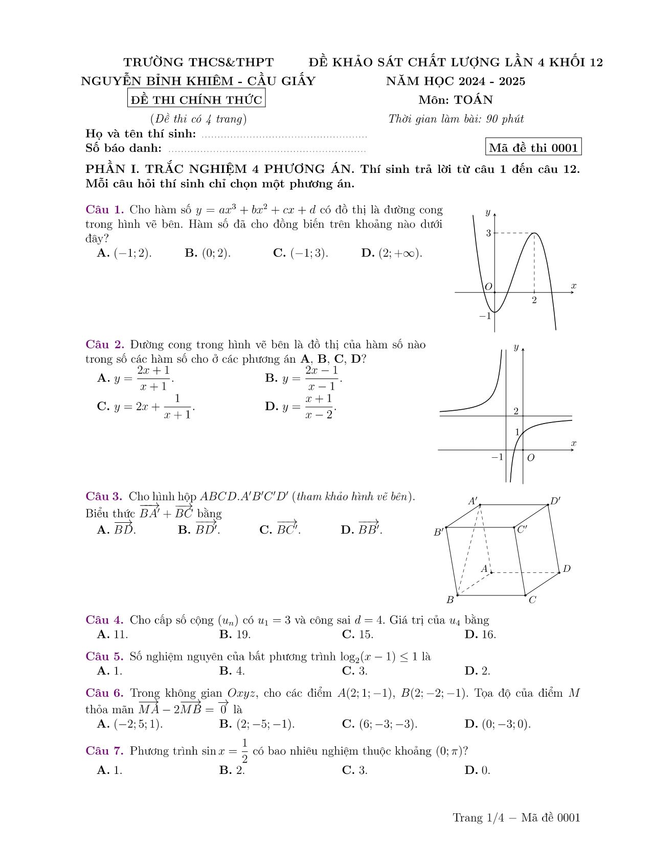 Đề Khảo sát chất lượng Toán 12 lần 4 năm 2024-2025 trường THCS&THPT Nguyễn Bỉnh Khiêm (Hà Nội)
