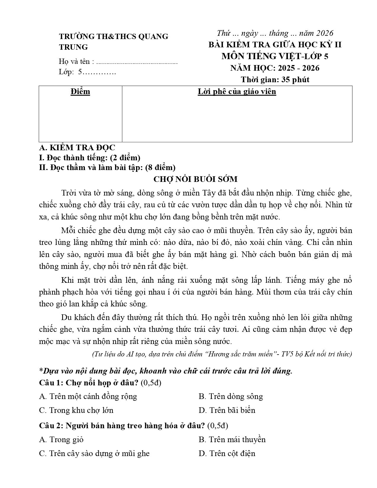 Đề thi Giữa kì 2 Tiếng Việt lớp 5 năm 2025-2026 trường TH&THCS Quang Trung (Hưng Yên)