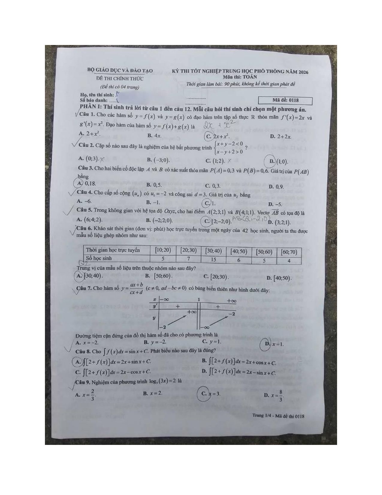 Đề chính thức Toán năm 2026 Tốt nghiệp THPT (Mã đề 0118) (Có đáp án)