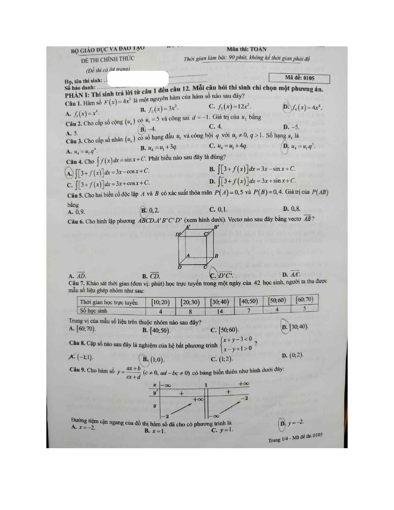Đề chính thức Toán năm 2026 Tốt nghiệp THPT (Mã đề 0105) (Có đáp án)