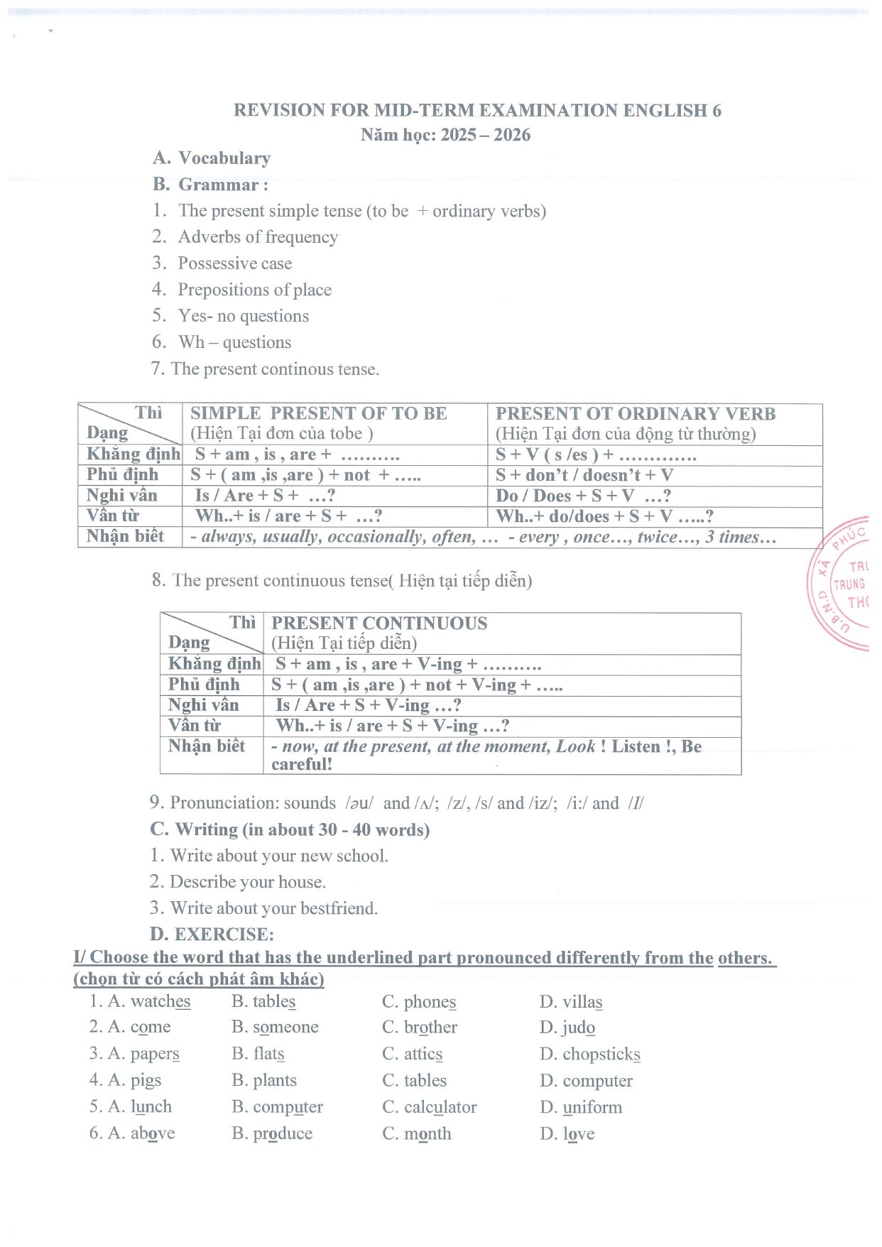 Đề cương ôn tập Giữa kì 1 Tiếng Anh 6 năm 2025–2026 trường THCS Thọ Lộc (Hà Nội)