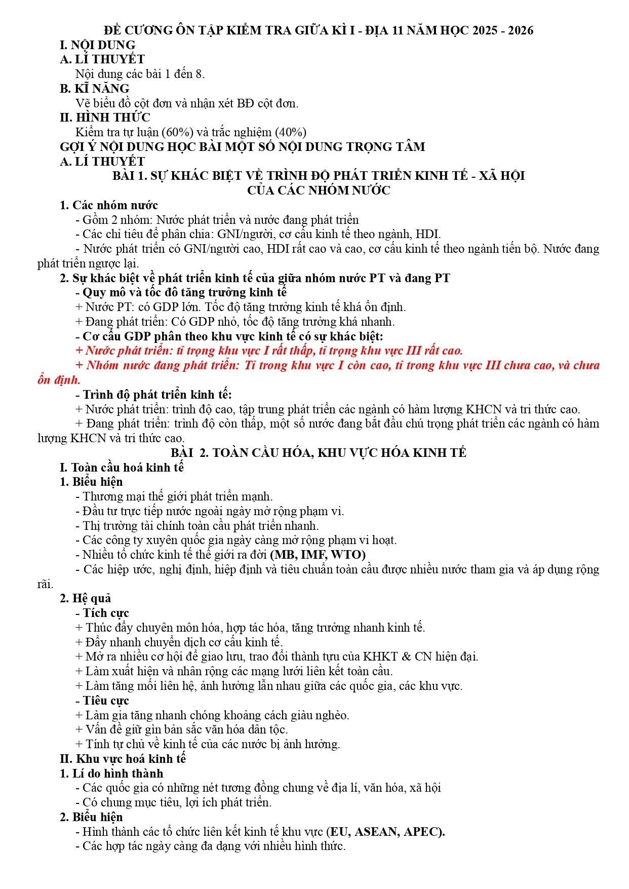 Đề cương ôn tập Giữa kì 1 Địa lí 11 năm 2025–2026 trường THPT Bùi Thị Xuân (Lâm Đồng)