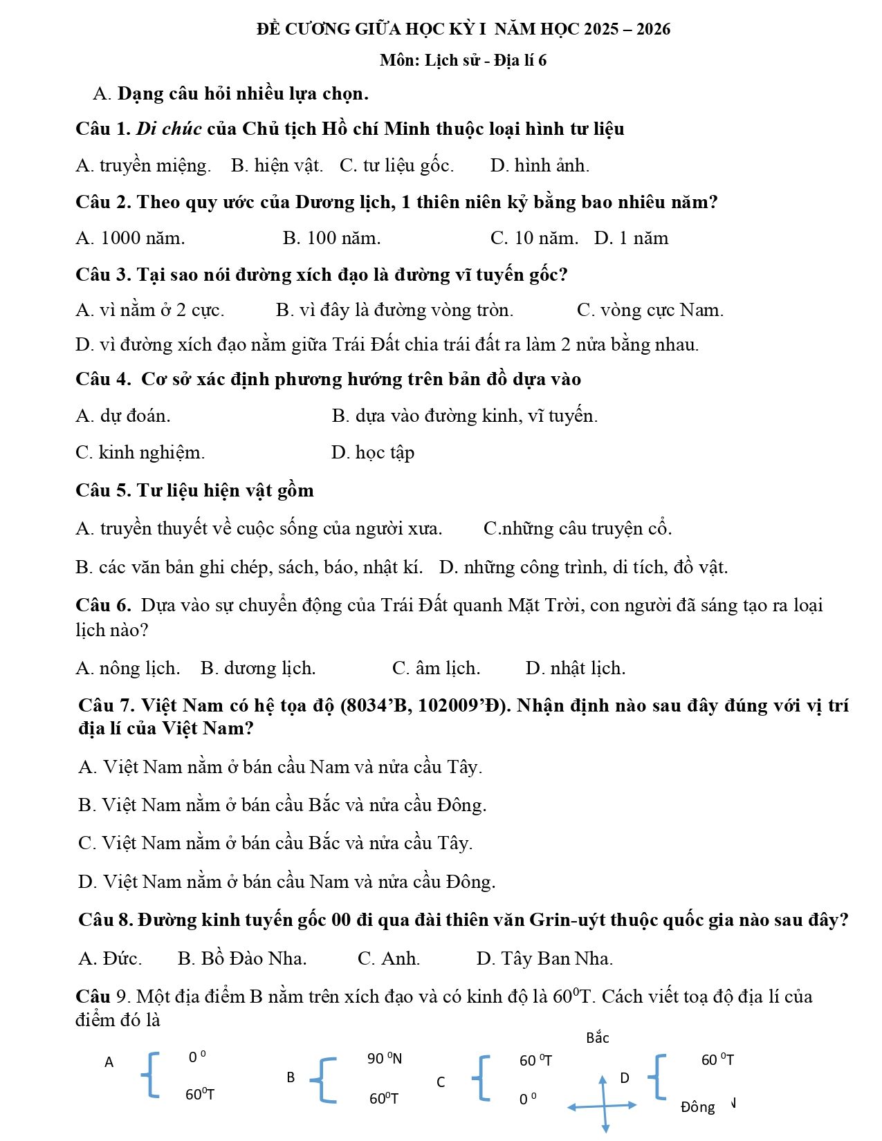 Đề cương ôn tập Giữa kì 1 Lịch sử và Địa lí 6 năm 2025–2026 trường THCS Dương Văn Mạnh (Bà Rịa Vũng Tàu)