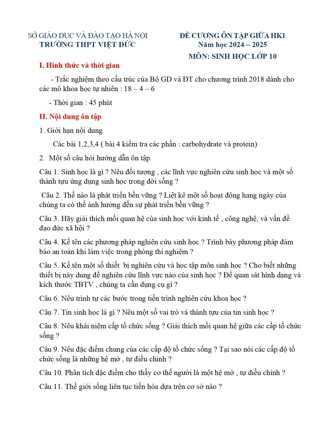 Đề cương ôn tập Giữa kì 1 Sinh học 10 năm 2024–2025 trường THPT Việt Đức (Hà Nội)