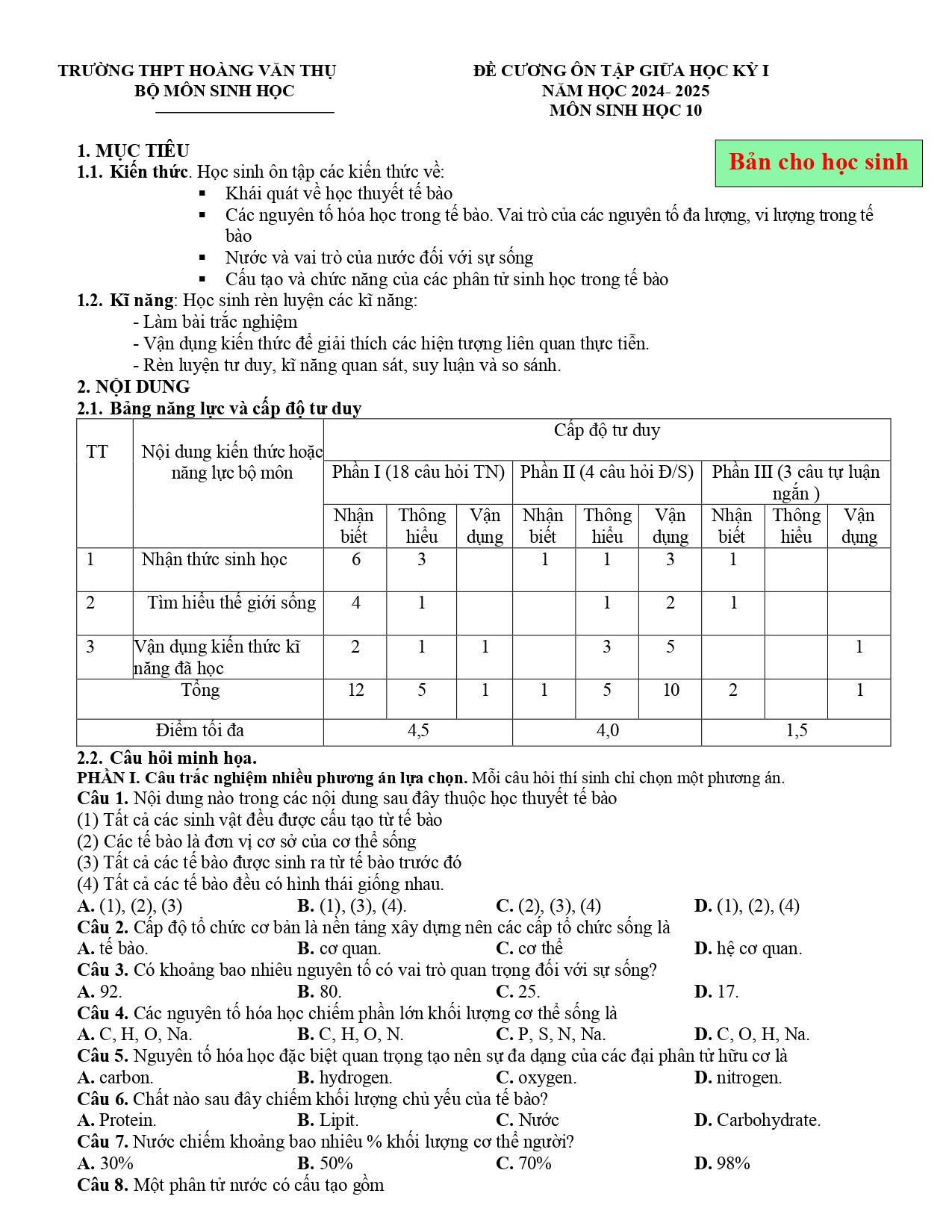 Đề cương ôn tập Giữa kì 1 Sinh học 10 năm 2024–2025 trường THPT Hoàng Văn Thụ (Hà Nội)