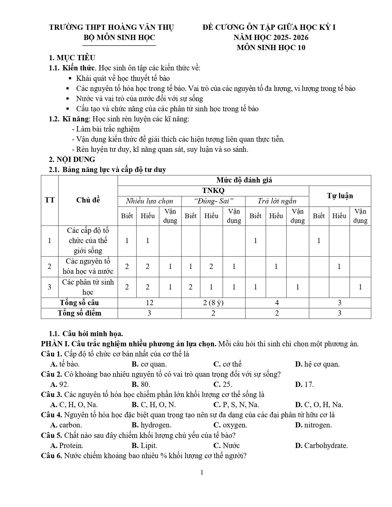 Đề cương ôn tập Giữa kì 1 Sinh học 10 năm 2025–2026 trường THPT Hoàng Văn Thụ (Hà Nội)