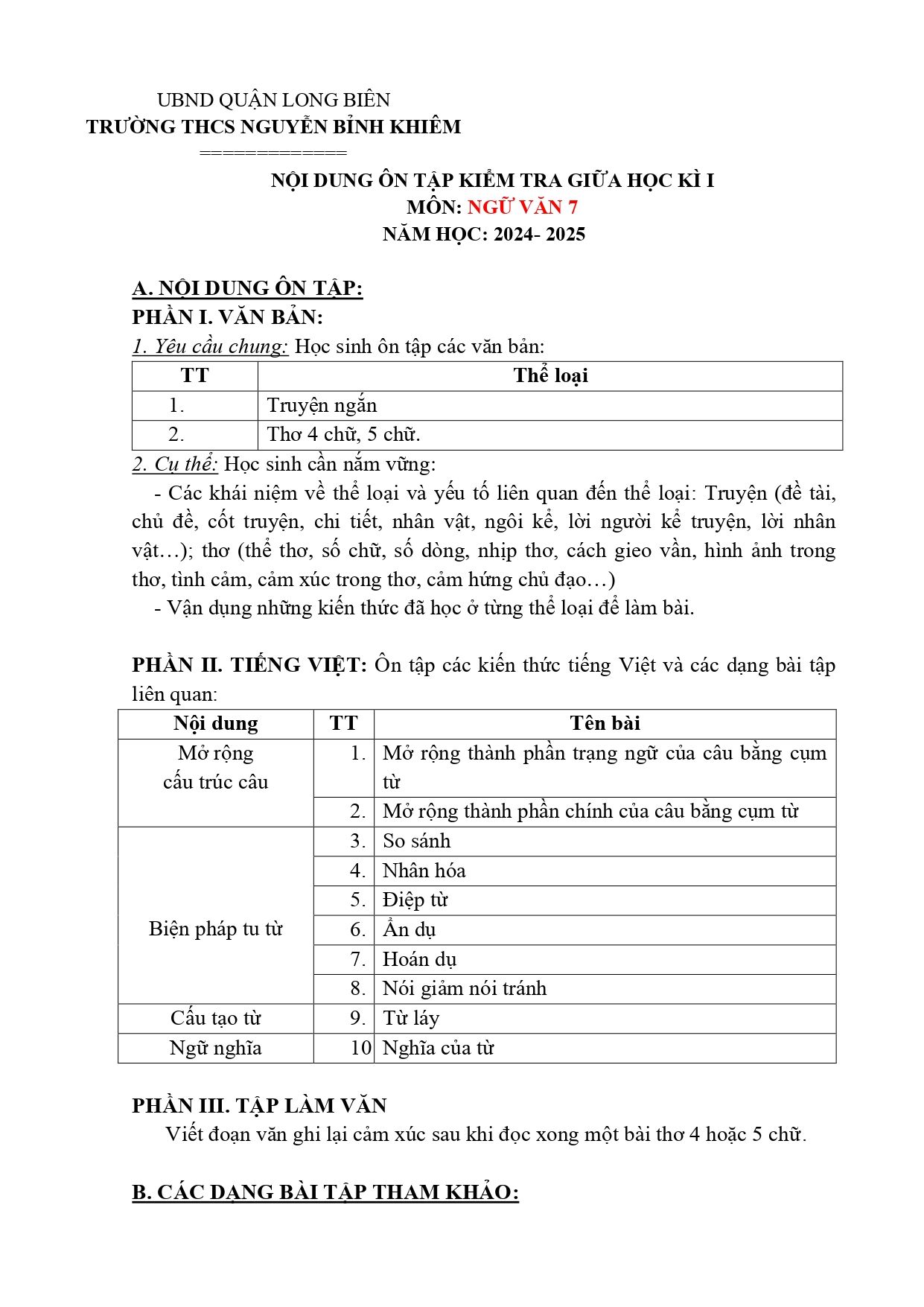 Đề cương ôn tập Giữa kì 1 Ngữ văn 7 năm 2024–2025 trường THCS Nguyễn Bỉnh Khiêm (Hà Nội)