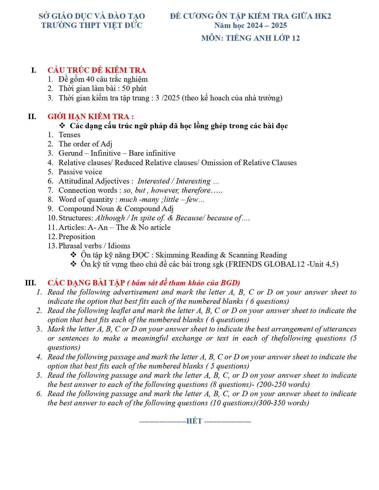 Đề cương ôn tập Giữa kì 2 Tiếng Anh 12 năm 2024–2025 trường THPT Việt Đức (Hà Nội)