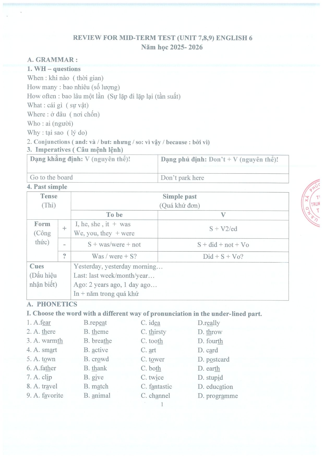 Đề cương ôn tập Giữa kì 2 Tiếng Anh 6 năm 2025–2026 trường THCS Thọ Lộc (Hà Nội)
