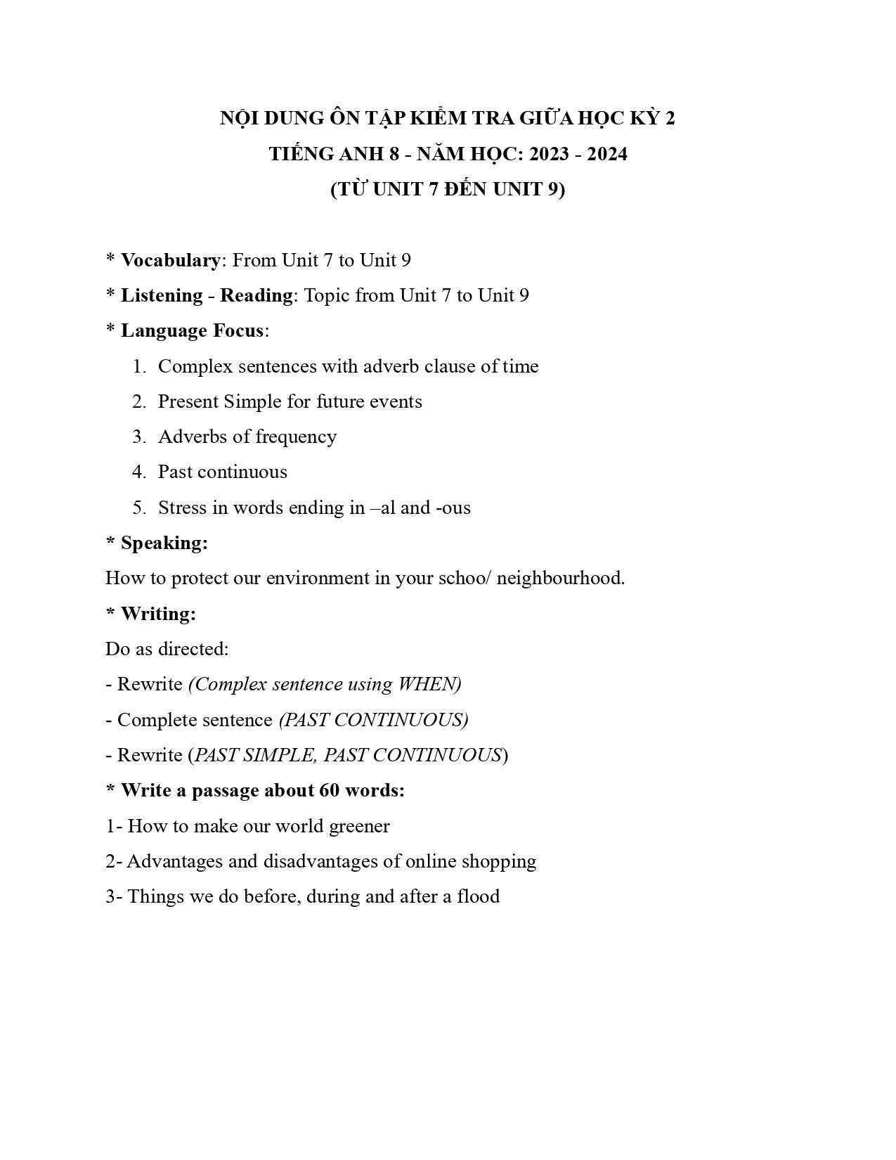 Đề cương ôn tập Giữa kì 2 Tiếng Anh 8 năm 2023–2024 trường THCS Huỳnh Tịnh Của (TP Hồ Chí Minh)