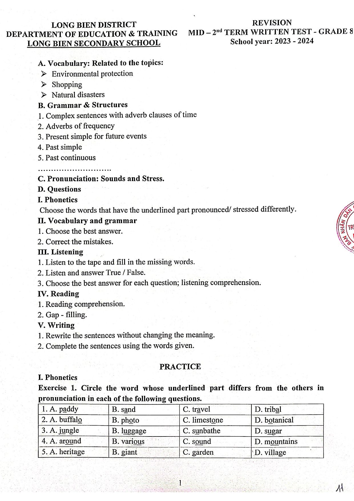 Đề cương ôn tập Giữa kì 2 Tiếng Anh 8 năm 2023–2024 trường THCS Long Biên (Hà Nội)