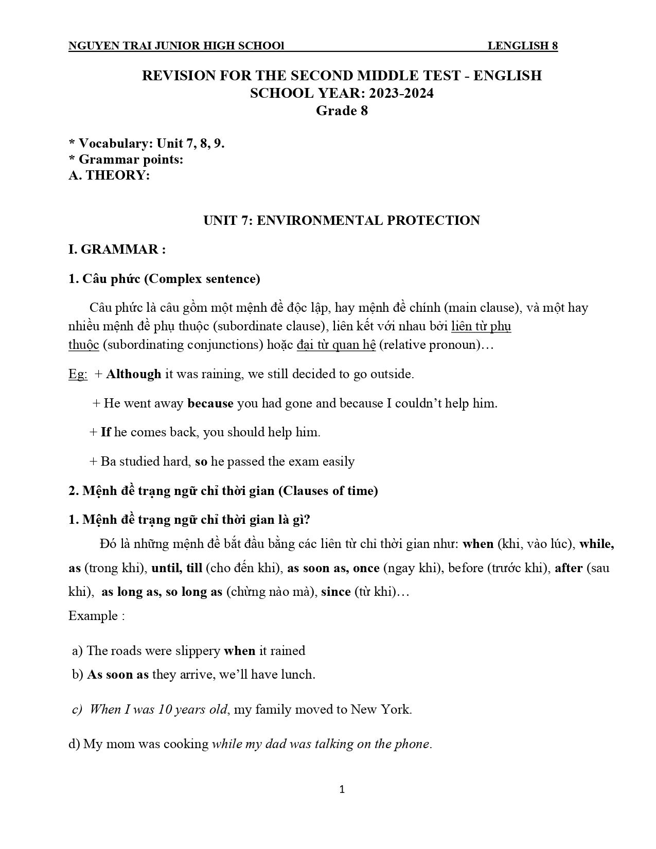 Đề cương ôn tập Giữa kì 2 Tiếng Anh 8 năm 2023–2024 trường THCS Nguyễn Trãi (Bà Rịa Vũng Tàu)