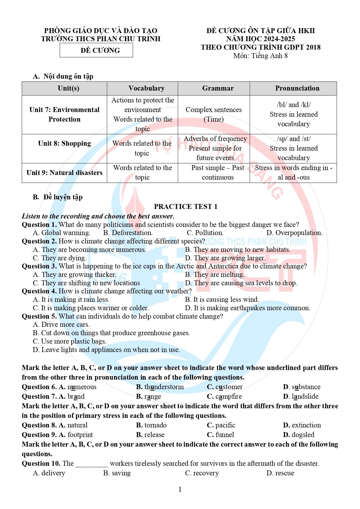 Đề cương ôn tập Giữa kì 2 Tiếng Anh 8 năm 2024–2025 trường THCS Phan Chu Trinh (Hà Nội)