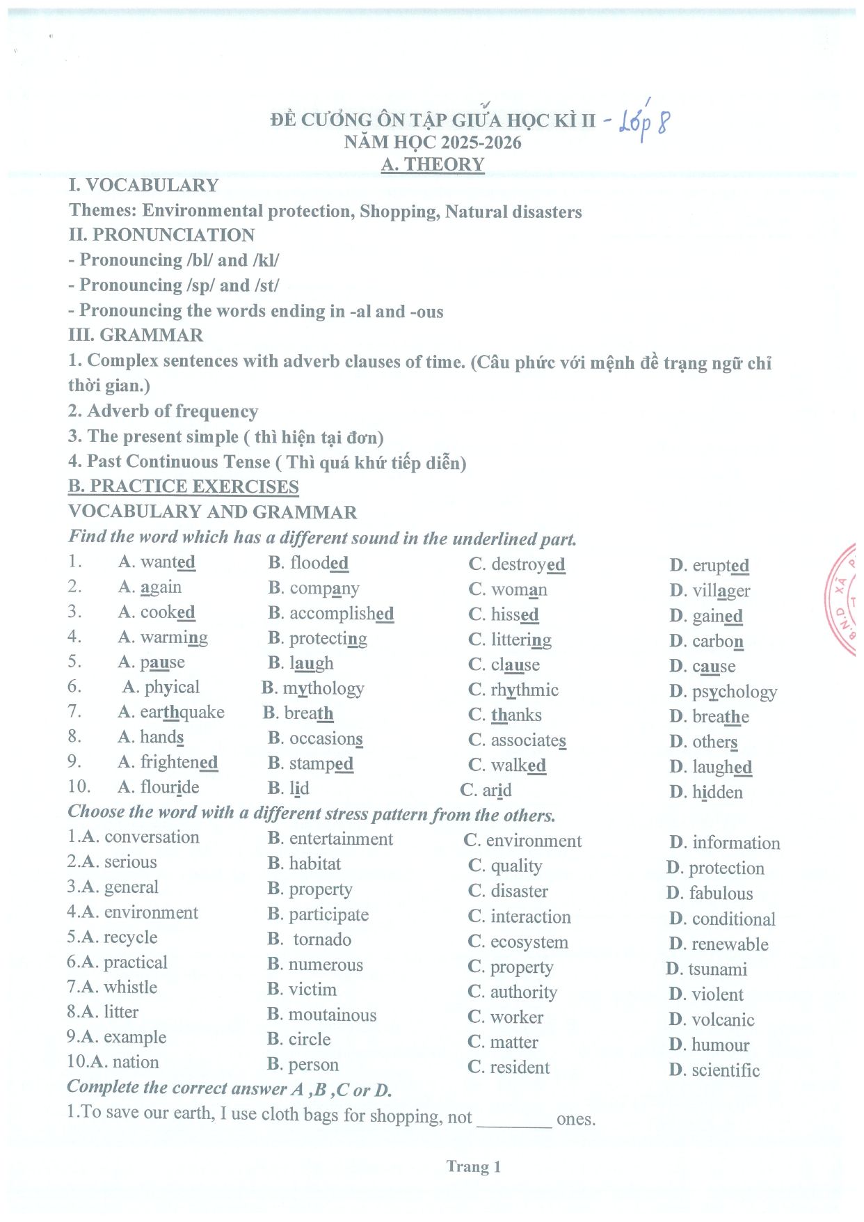 Đề cương ôn tập Giữa kì 2 Tiếng Anh 8 năm 2025–2026 trường THCS Thọ Lộc (Hà Nội)