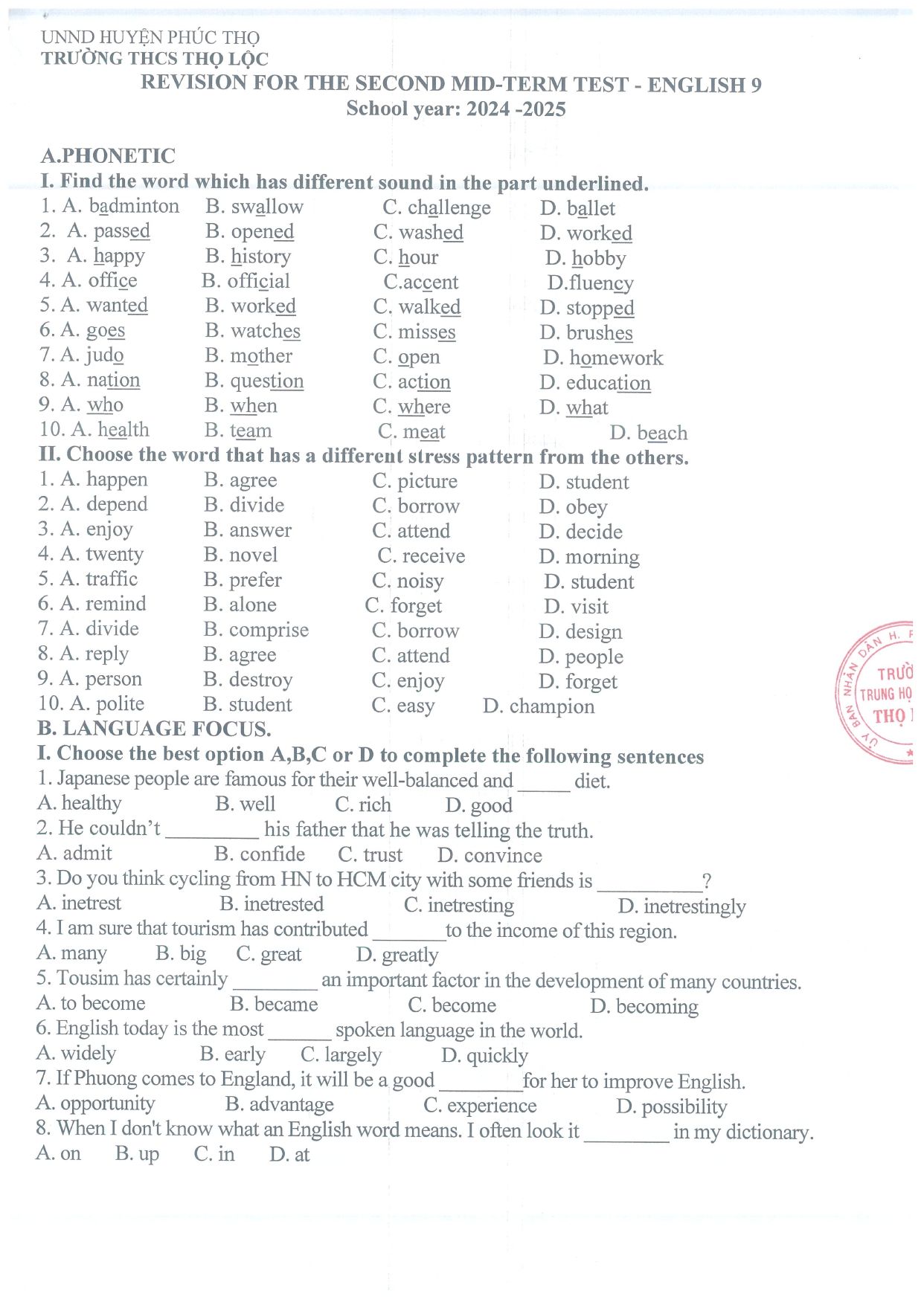 Đề cương ôn tập Giữa kì 2 Tiếng Anh 9 năm 2024–2025 trường THCS Thọ Lộc (Hà Nội)