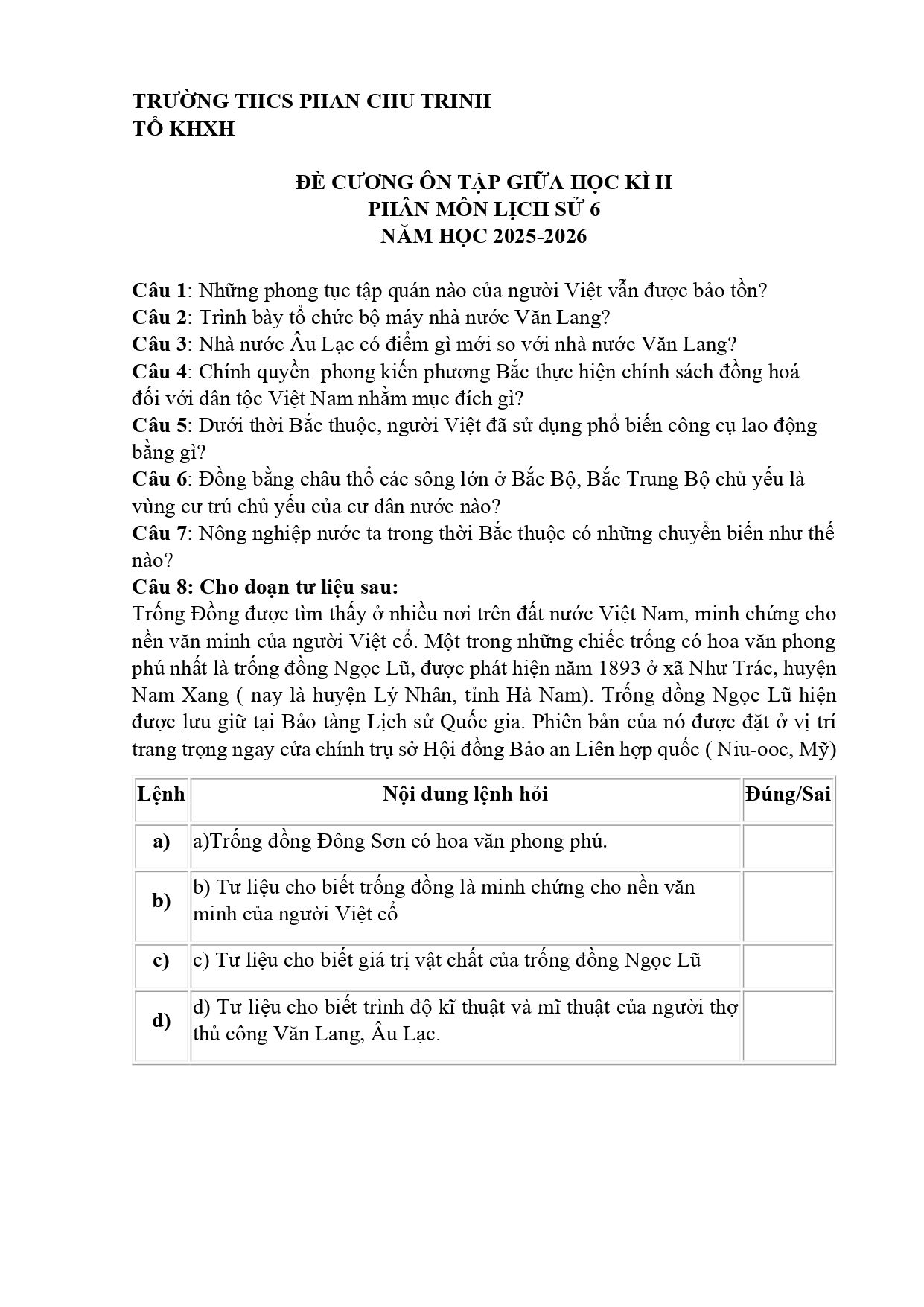 Đề cương ôn tập Giữa kì 2 Lịch sử và Địa lí 6 năm 2025–2026 trường THCS Phan Chu Trinh (Lâm Đồng)